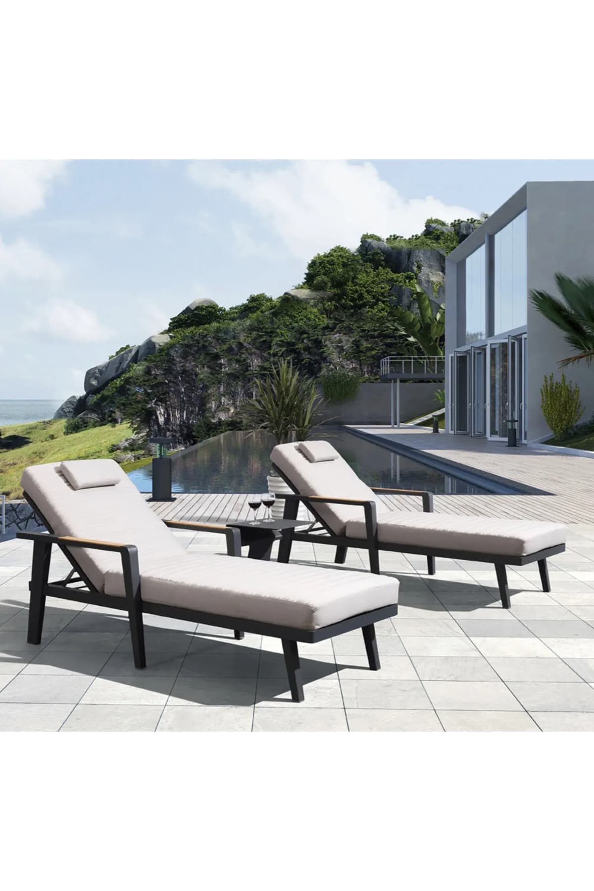 Oceras Modern Şezlong Bahçe Uzanma Yatağı Ahşap Detaylı Bahçe Mobilyası Daybed - SCY Home Garden görsel 2
