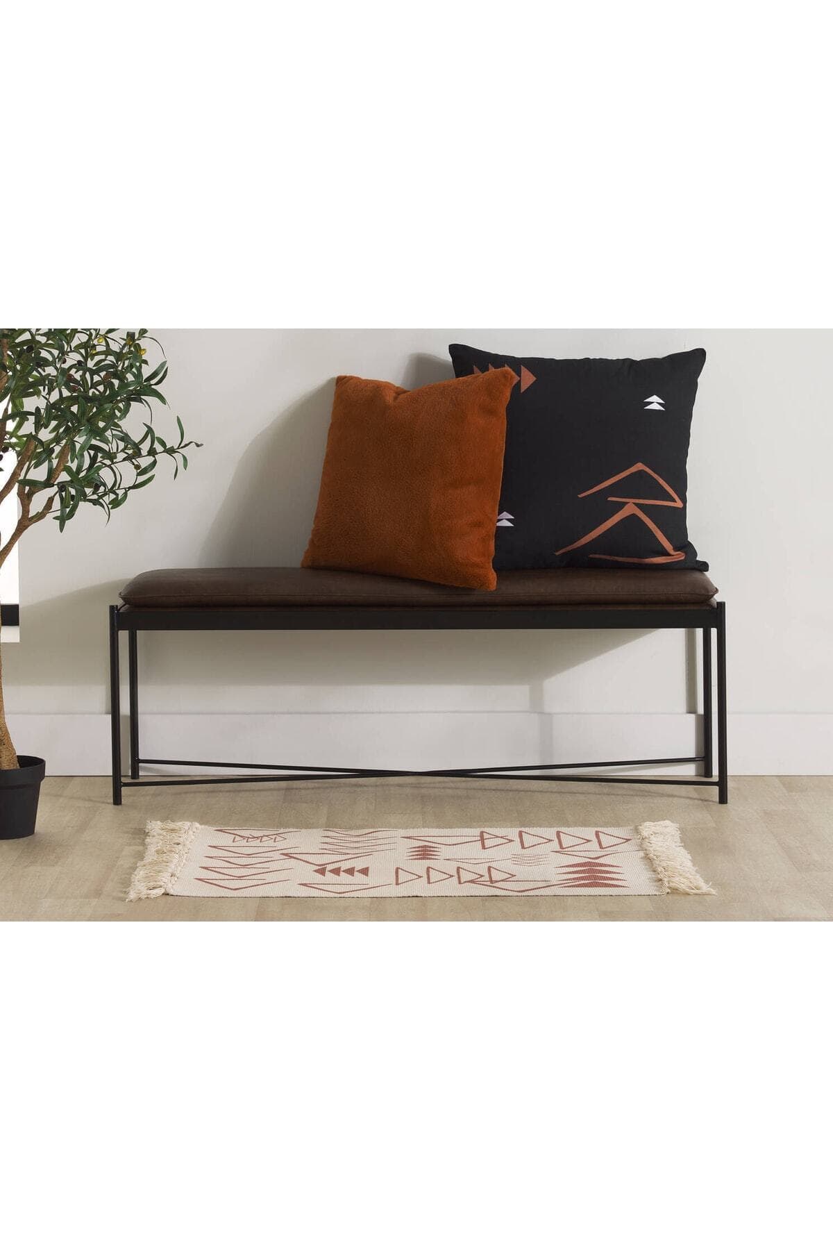 Tesque Kahverengi Suni Derili Metal Ayaklı Dikdörtgen Puf Dekoratif Montajsız Yatak Ucu Bench Bank - SCY Home Garden görsel 2