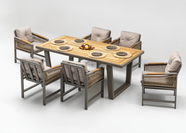 SCBM-241 Viane 6 Kişilik Örgülü Ahşap Detaylı Yemek Masası Takımı Bahçe Balkon Mobilyası Oturma Grubu Çay Seti