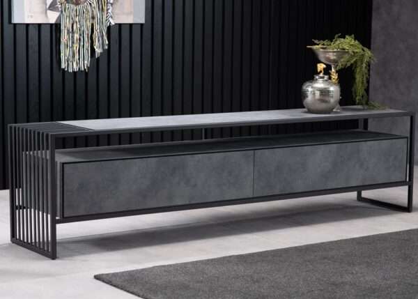 SCTV-001 Sonia Tv Ünitesi Metal Ayaklı Antrasit Gri Kulpsuz Dolaplı Çekmeceli Izgara Detaylı Tv Sehpası