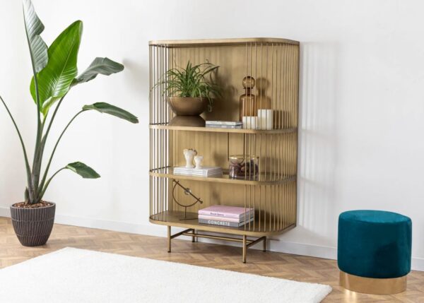 SCKT-019 Matilda Otantik Özel Tasarım Gold Metal Kitaplık Lüx Aksesuar Rafı Şeffaf Cam Tablalı 4 Katlı Raf